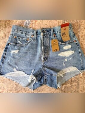 Levi's Distressed High-Rise Denim Shorts - Light Blue